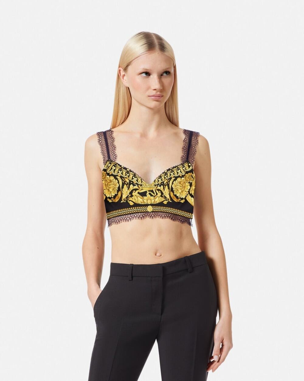 Versace Barocco Bralette Silk Twill And Lace Printed Top Size 46/US L NWT